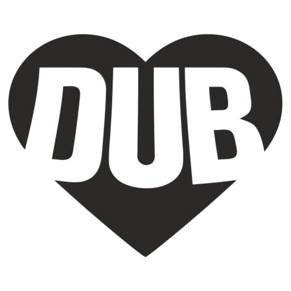 Black heart-shaped vinyl sticker with bold white text reading “DUB” in a playful, slanted style.