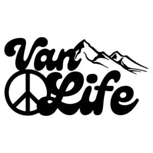 Black vinyl sticker design reading “Van Life” with a peace sign for the “a” and a mountain range silhouette in the background