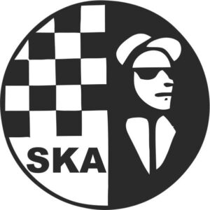 Black and white vinyl sticker featuring a split-circle SKA logo with checkered pattern on the left and a sharp-dressed figure in shades and a pork pie hat on the right.
