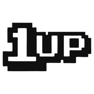 Pixel-style ‘1up’ text inspired by retro video games, in black and white