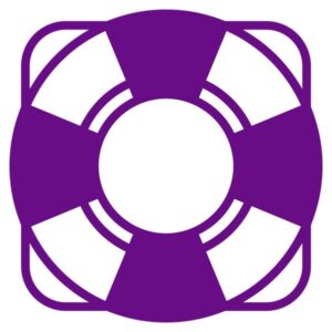 Purple vinyl sticker of a stylized lifebuoy or lifesaver ring with clean geometric cutouts and rounded corners.