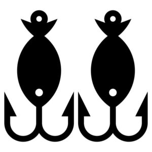 Silhouette of two fishing lures with treble hooks, stylized as fish