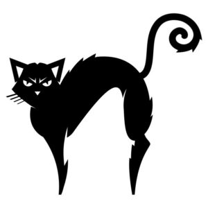Silhouette of an arched-back angry cat with curled tail and sharp features.