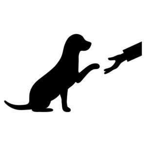 Silhouette of a dog offering its paw to a human hand in a handshake gesture.