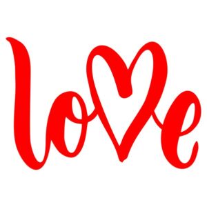 Red Stylised ‘Love’ sticker design with a heart symbol replacing the letter O, in a bold black script font.