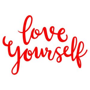 Red ‘Love Yourself’ handwritten script sticker in elegant cursive font, ideal for self-care decor or motivational messages.