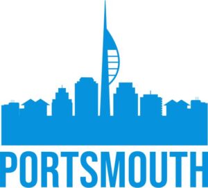 Blue silhouette of the Portsmouth skyline featuring the Spinnaker Tower and bold text reading "Portsmouth" underneath