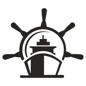 Black and white vinyl sticker featuring a ship's wheel with a front-facing ferry or cruise ship silhouette emerging through the center.